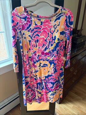 knee length dresses for ladies DEACON 3/4 SLEEVE V-NECK DRESS, MULTI FLITTING ABOUT  Palm Place